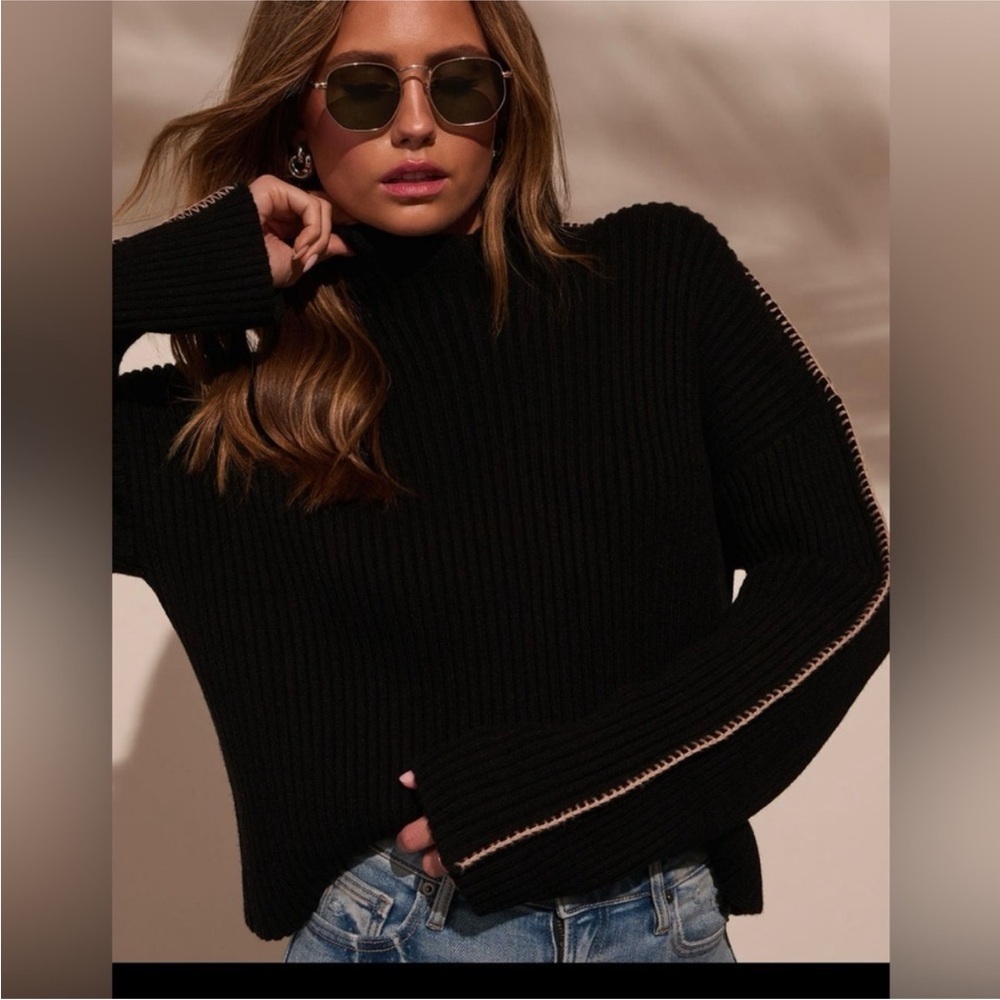 Vici Black Ribbed Turtleneck Sweater with Contrast Stitch - Picture 5 of 8
